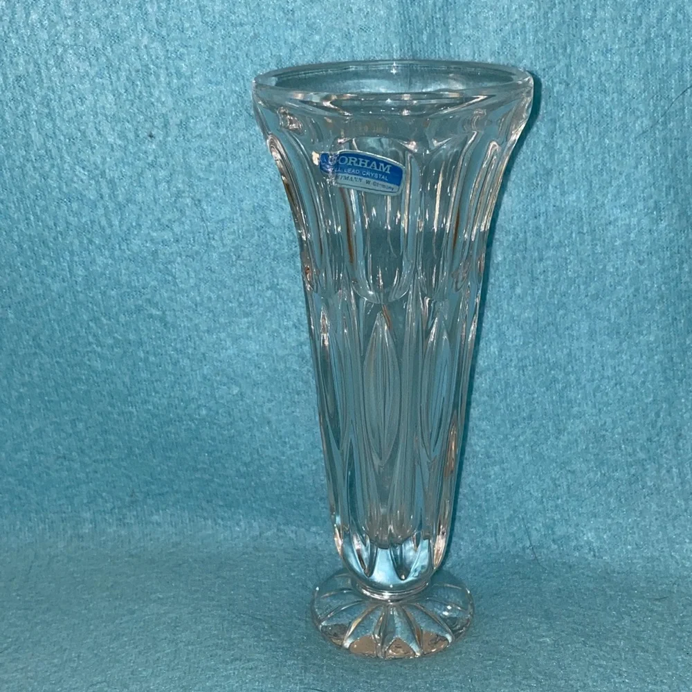 GORHAM all lead cut crystal trumpet clear starburst vase heavy thick vintage NEW